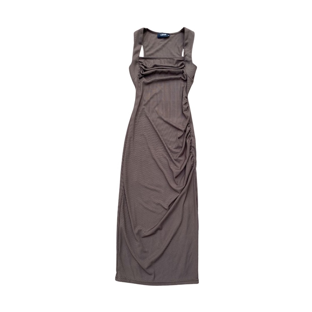 Cider Dark Brown Maxi Dress XS Ruched Ribbed Bodycon Boho Square Neck Party